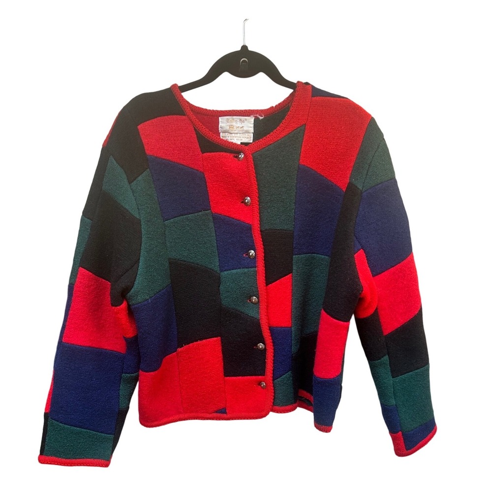 Tally Ho Wool Patchwork Cardigan Sweater Jacket Red Green‎ Blue Black XL